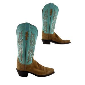 Ladies Lucchese 1883 Turquoise & Tan Leather & Suede Western Boots Size 6.5 B